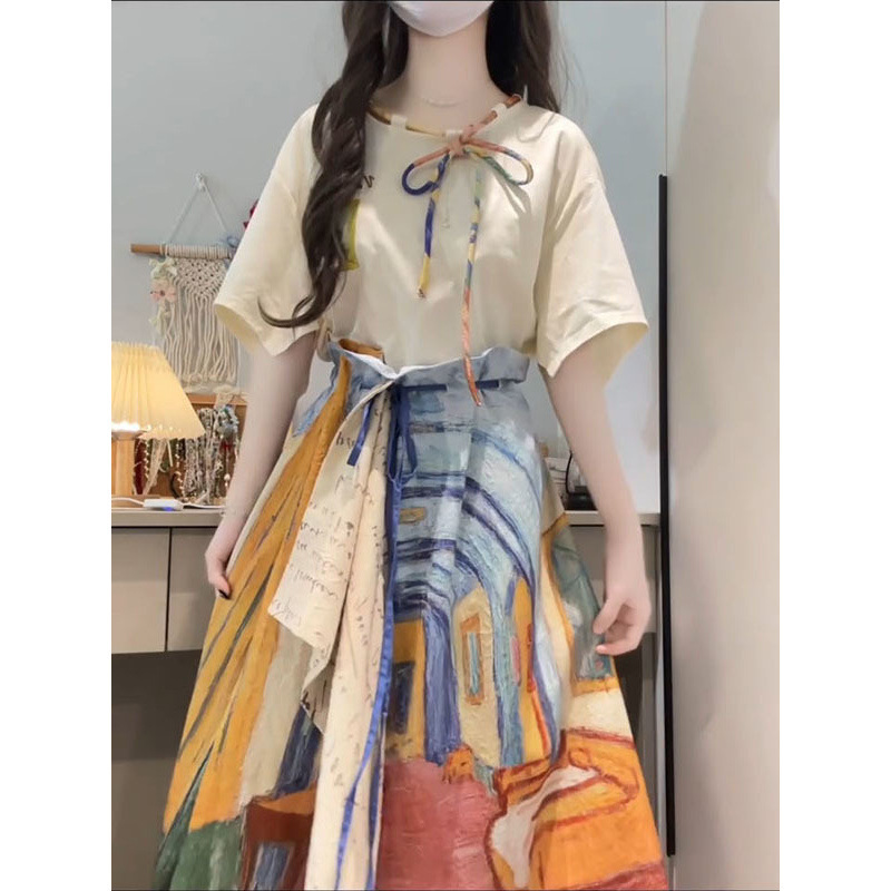 梵高油画风穿搭一整套不规则半身裙夏季新款搭配艺术感上衣女学生|undefined
