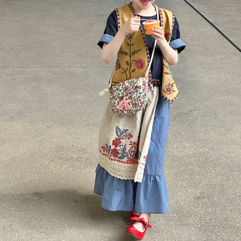 女の子のベスト子供のサマースーツ 2025 新しい大きな子供のトップスレトロスタイル女の子のドレス半袖薄い|undefined