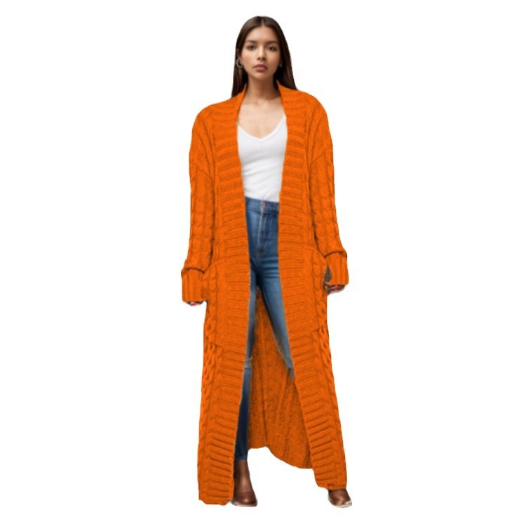 Damen-Strickjacke mit langen Ärmeln, einfarbig, langer Pullover, dicker Mantel_voghion.com