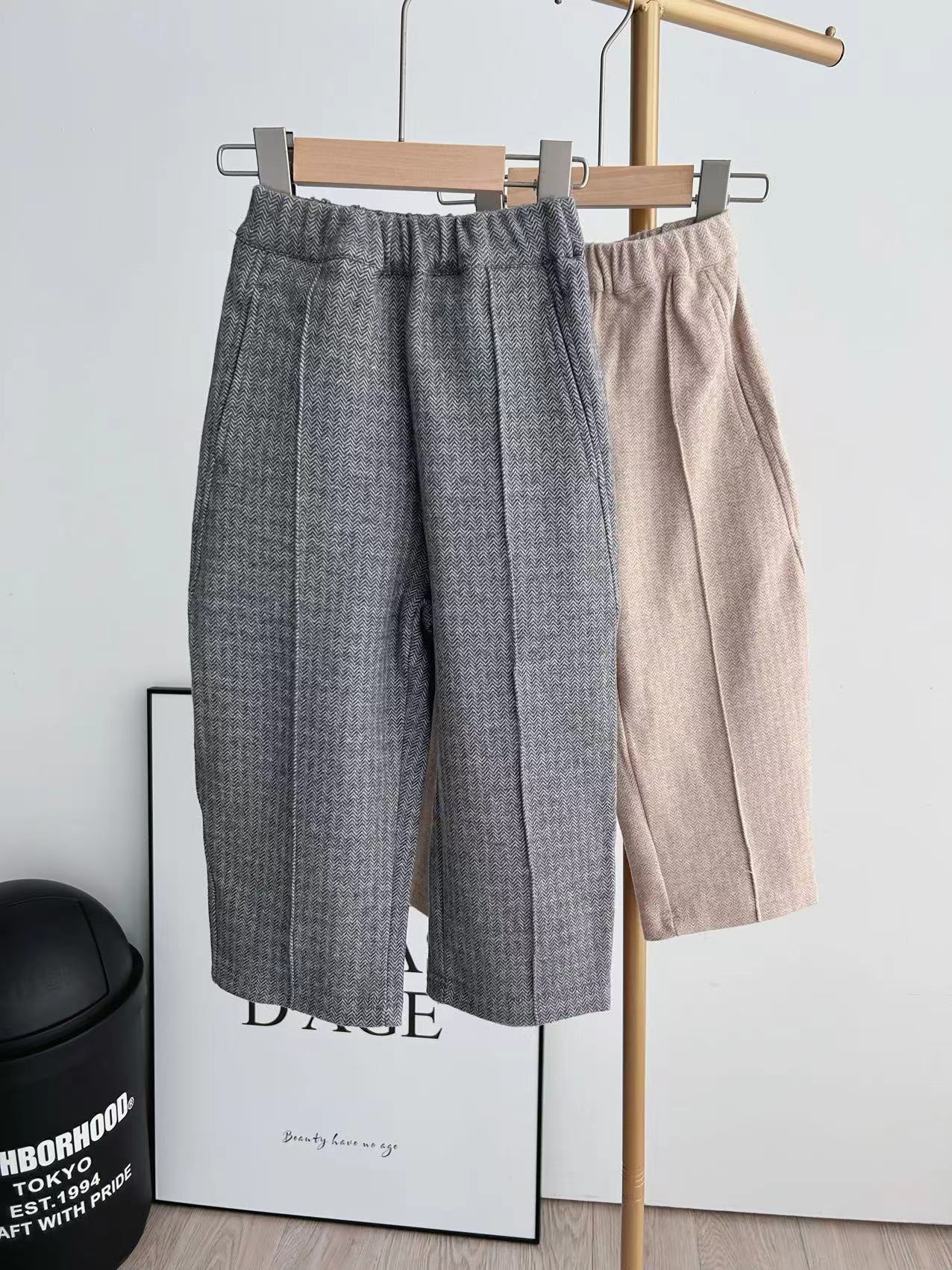 (2개) LP 2024 가을과 겨울 소년 소녀 헤링본 코튼 부드러운 캐시미어 질감 따뜻한 캐주얼 니트 가을 바지