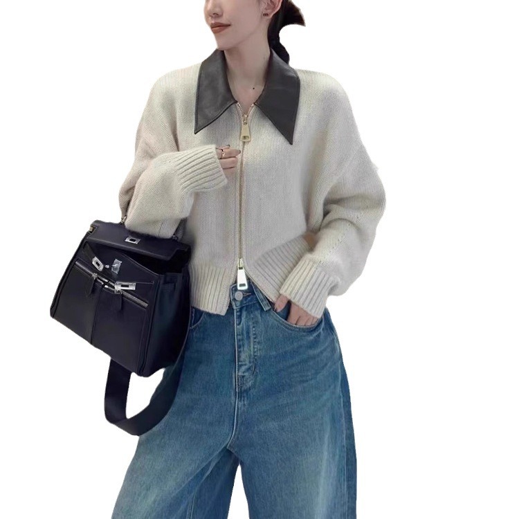 유럽의 고급 가죽 폴로 칼라 스티치 여성용 양방향 지퍼 게으른 스타일 재킷 서양식 니트 가디건