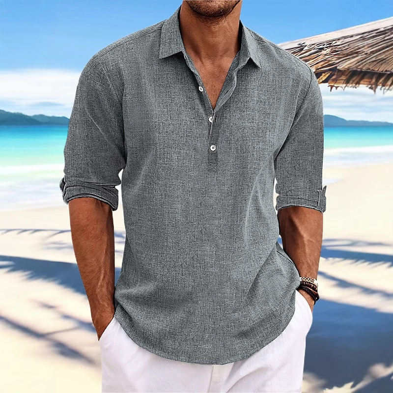 Spring/Summer Men's Fashionable Loose-Fitting Casual Long-Sleeved Collar Shirt With Buttoned Flap Collar_viptrois.com