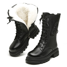 跨境雪地靴新款防滑羊毛中筒靴英倫風厚底粗跟頭層牛皮馬丁靴冬款