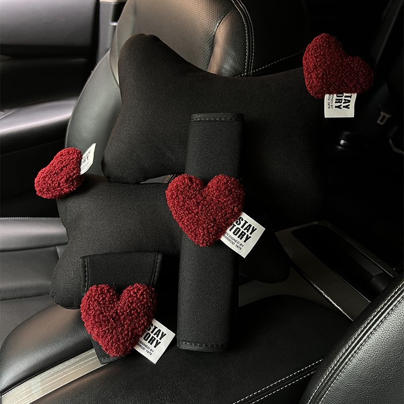 Cute Heart Car Headrest, Waist Support, Seat Belt Shoulder Cover, Girls' Four-Season Car Cute Interior Set