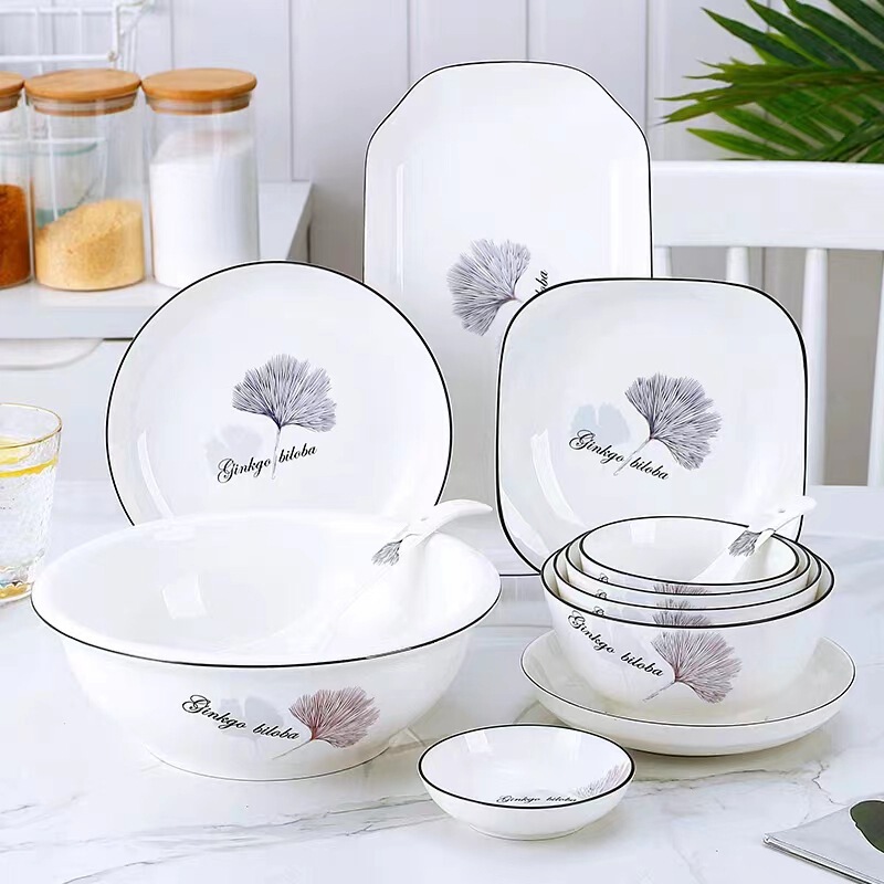 [Big Sale] Tianshun Ceramic Ginkgo Leaf Bowl Thickened Anti-Scalding Black Edge Rice Bowl Rice Plate Household Tableware Bowl and Plate Set