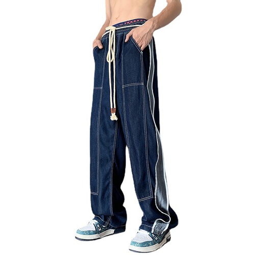 American street-style designed patchwork washed jeans for men and teenagers, drawstring front, loose straight-leg wide-leg pants