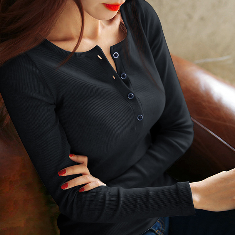 Camiseta de manga larga con botones para mujer, de algodón premium acanalado, otoño-invierno 2026, versátil, ajustada y adelgazante.