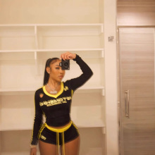 2024秋季新款跨境美式复古撞色V领修身辣妹长袖上衣系带短裤套装