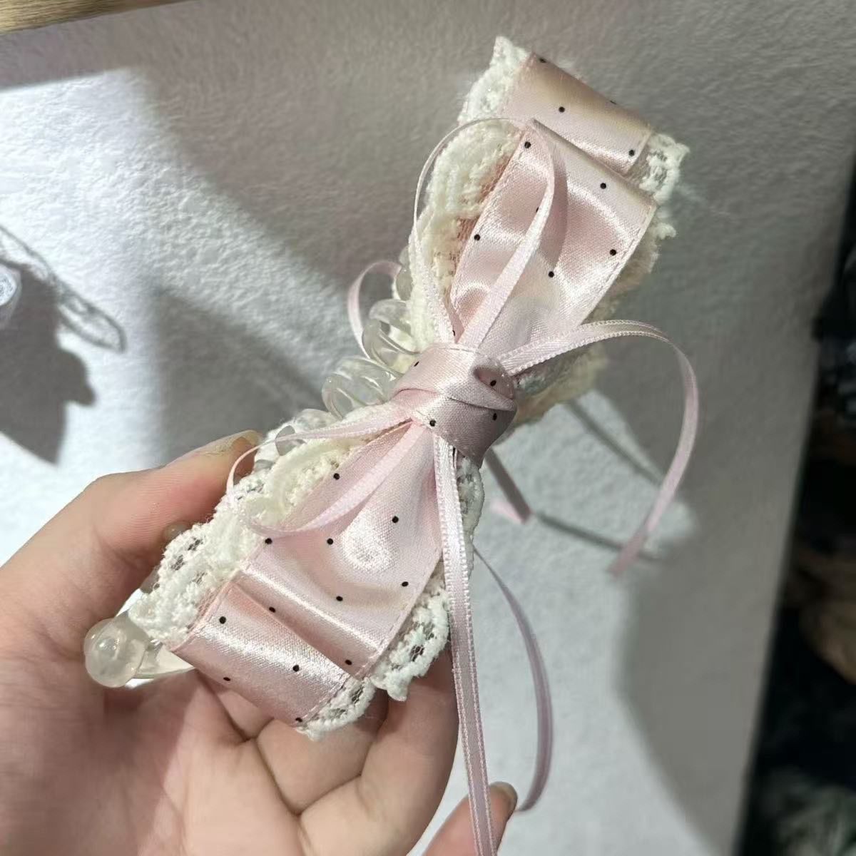 1# pink polka dot lace banana clip about 13cm