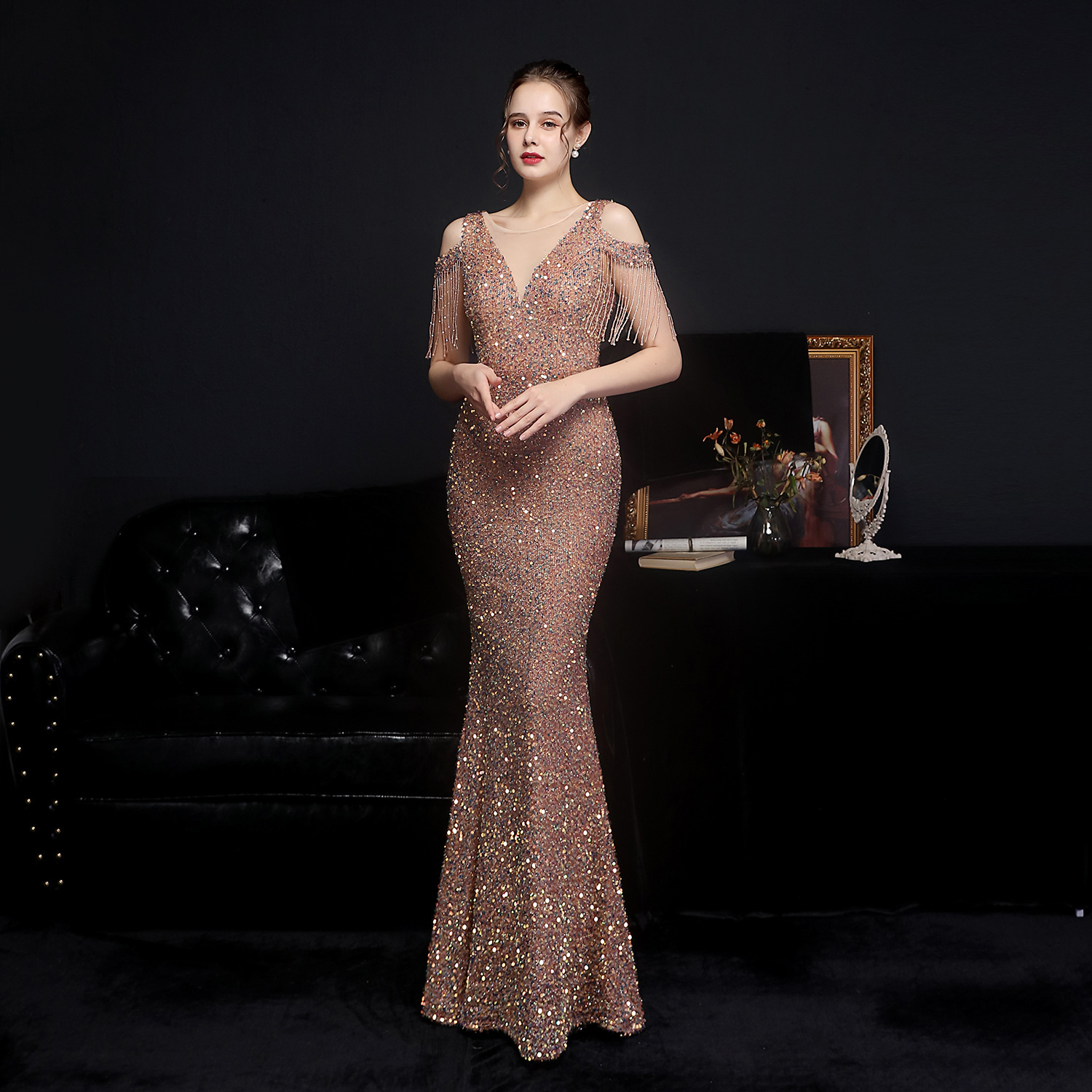 18580 # Symphony Sequin Toast Dress, Bride's Long Thank-You Banquet Slim Fishtail Skirt, Wedding Car Model Exhibition Dress