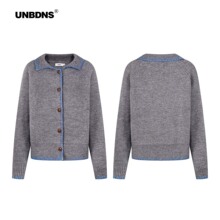 UNBDNS灰色高克重手工撞色针织开衫慵懒风毛衣外套女秋季新款上衣