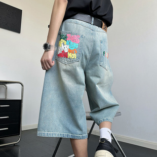 American Retro Colorful Letter Blue Straight Denim Shorts for Women Summer New Loose Cropped Wide-Leg Pants for Men