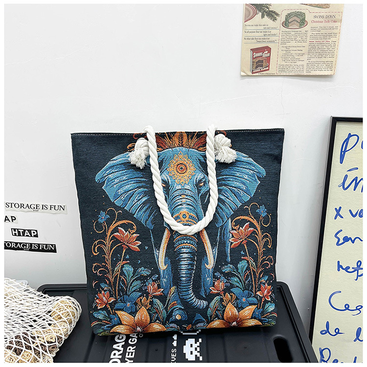 300g Weight Polyester Lining Material Zipper Closure Type Single Shoulder Strap Strap Type Tote Bag Bags Type Holiday, Travel Occasion Canvas Material Elephant Pattern All Seasons Season Women's Gender Ethnic Style, Classic Style Style Square Shape Medium Size Women's Medium Canvas Elephant Ethnic Style Classic Style Square Zipper Tote Bag 25