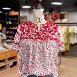 亚马逊2025wish欧美跨境爆款重工刺绣女装V领短袖花色宽松衬衫T恤