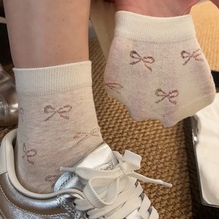 Summer Thin Short Socks Women's Bow Hollow Mesh Jacquard Socks Spring and Summer Cotton Breathable Japanese White Socks
