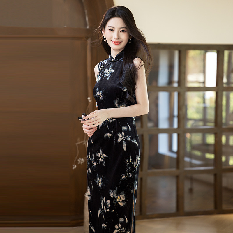 黑色丝绒国风中式长款秋季无袖旗袍改良年轻款女复古修身收腰春秋|undefined