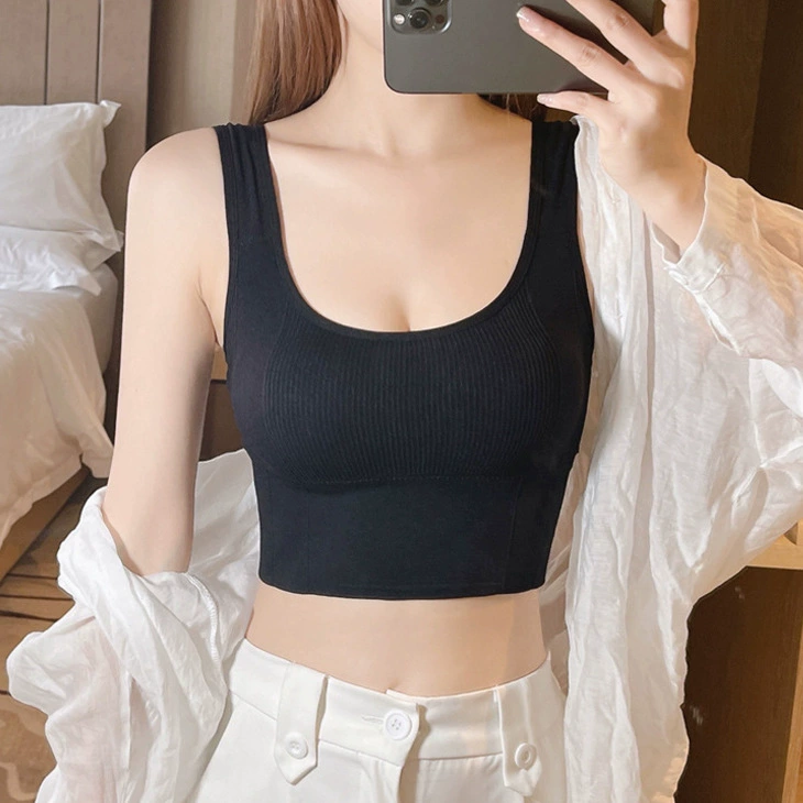 Корейский летний топ без спинки с защитой от просвечивания, с подкладками для груди, короткая спортивная майка-камизоль