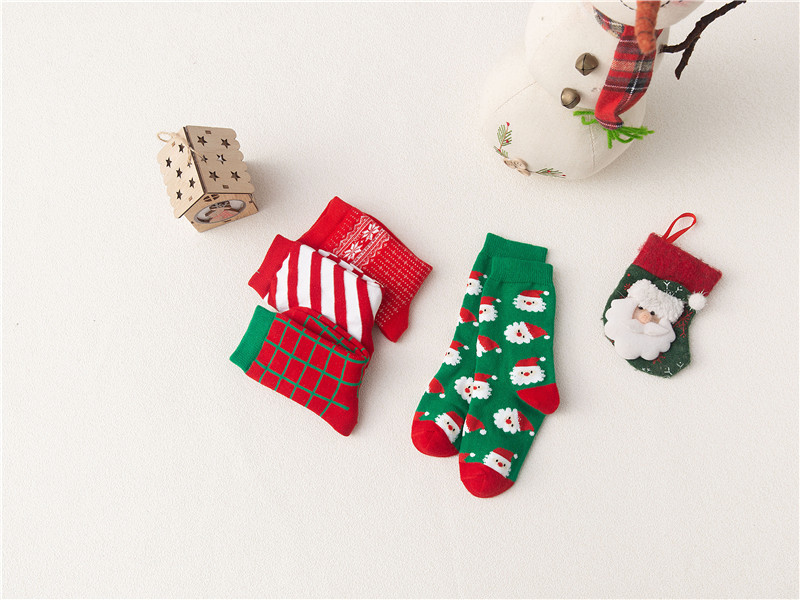 200g Weight Sock Classification 4 Piece Set Quantity Daily Occasion Breathable Function Kid's Retro Santa Claus Stripe Plaid Cotton Crew Socks 4 Piece Set