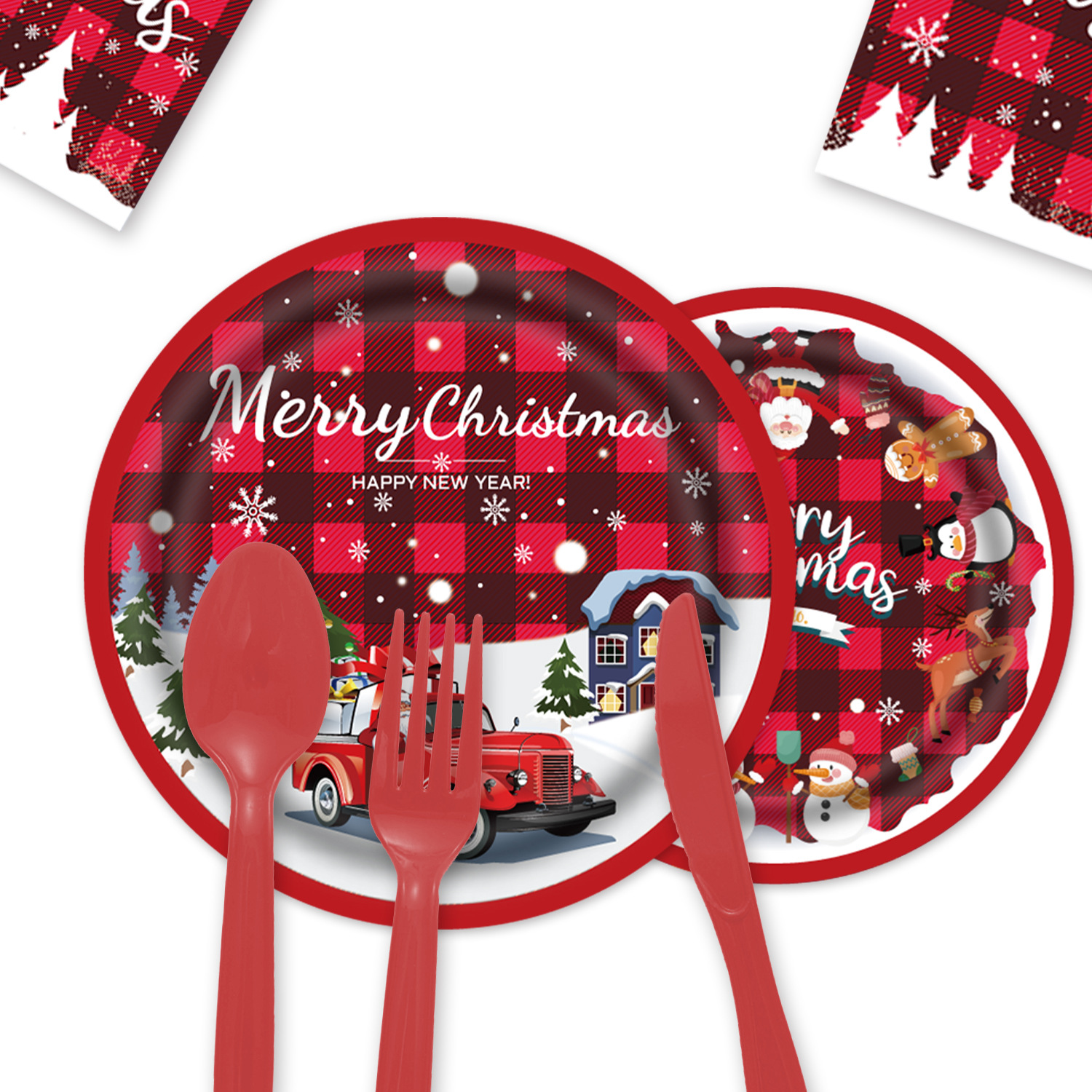 Año nuevo Navidad tema de alce vajilla de fiesta vajilla desechable bandeja de papel taza de papel toalla de papel bandera de tracción mantel de Navidad