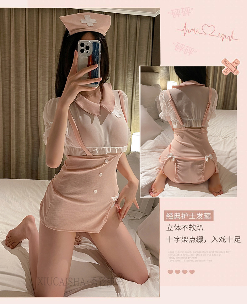 Xiuaisha Nurse Roleplay Lingerie Set with Sheer Gauze Slit Skirt and Open Shirt — detail image 11