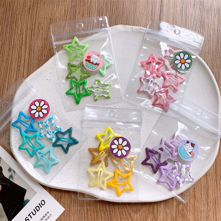 新款兒童五角星格紋亮粉髮夾小女孩側邊劉海碎發BB夾寶寶發卡頭飾