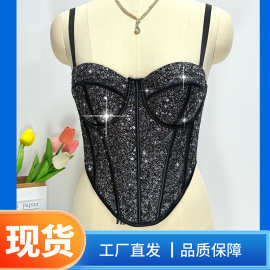 纯欲风亮片女装鱼骨上衣背心性感珠片小吊带修身鱼骨胸衣外穿抹胸