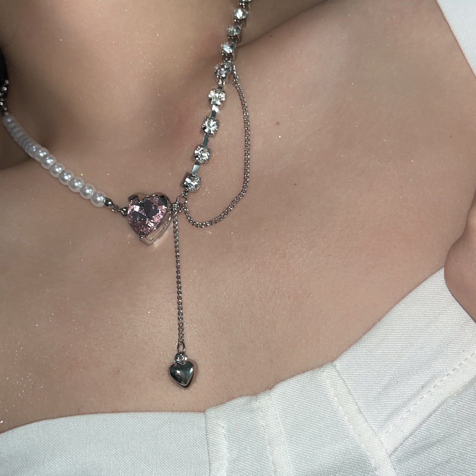 Womenu0027S Sweet Heart Imitation Pearl Rhinestone Mixed materials Necklace Tassel Rhinestone Neckla