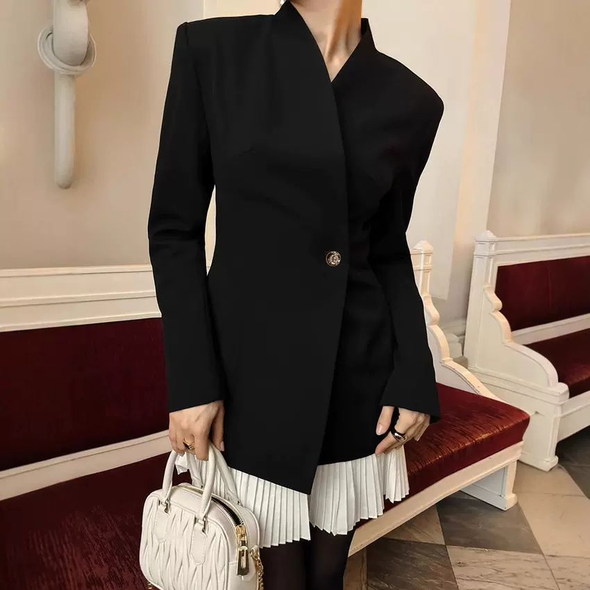 2025秋冬新款复古撞色拼接裙边黑色收腰长袖小西装外套女跨境欧美