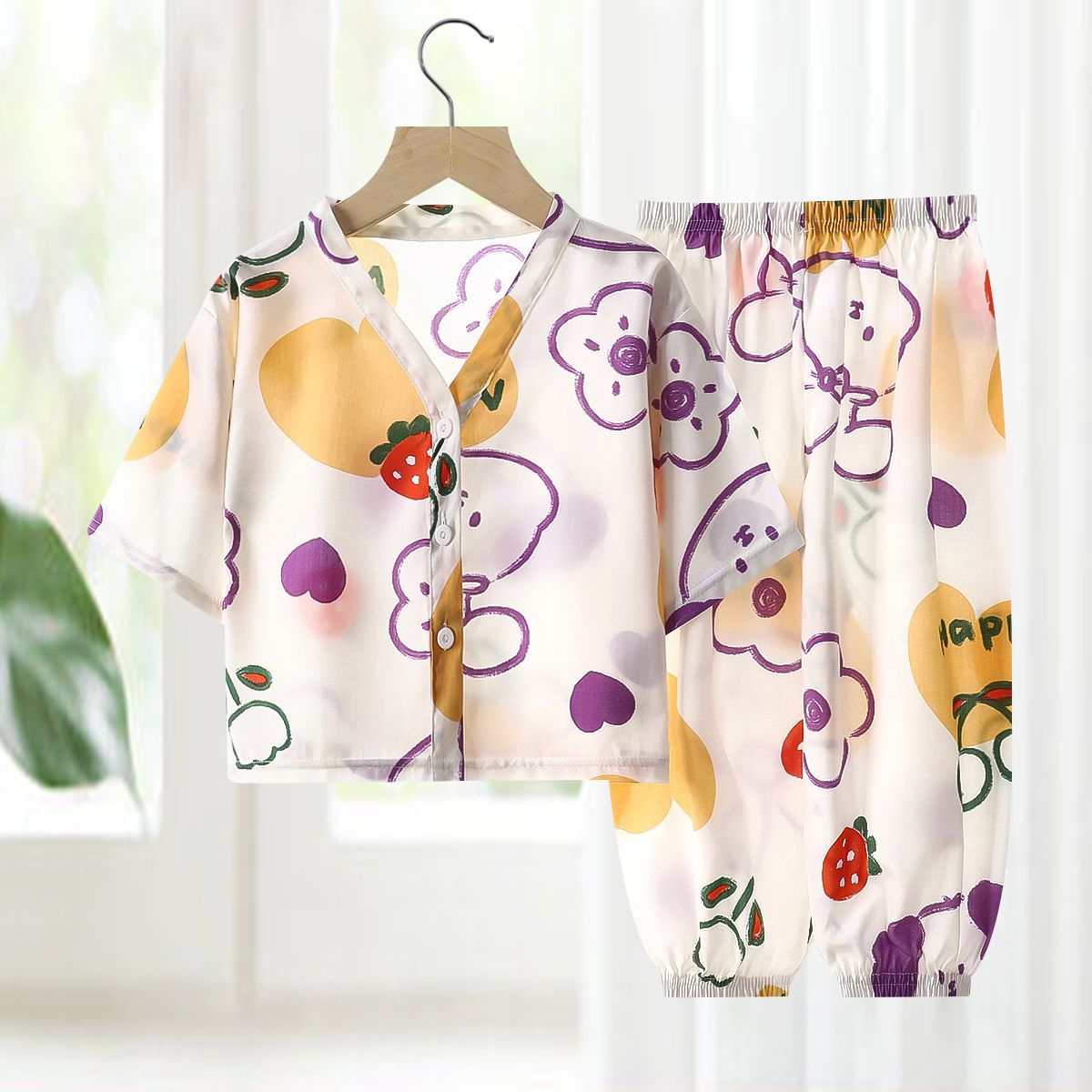 Pajamas de seda de algodón para niños, ropa de aire acondicionado de algodón artificial de verano, ropa para niños y niñas, ropa para el hogar de seda de algodón, dos juegos de ropa infantil