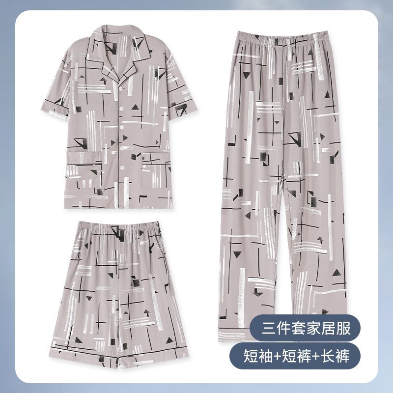 100% algodón pijamas de los hombres pantalones cortos de manga corta pantalones traje de tres piezas cardigan casual más tamaño ropa para el hogar