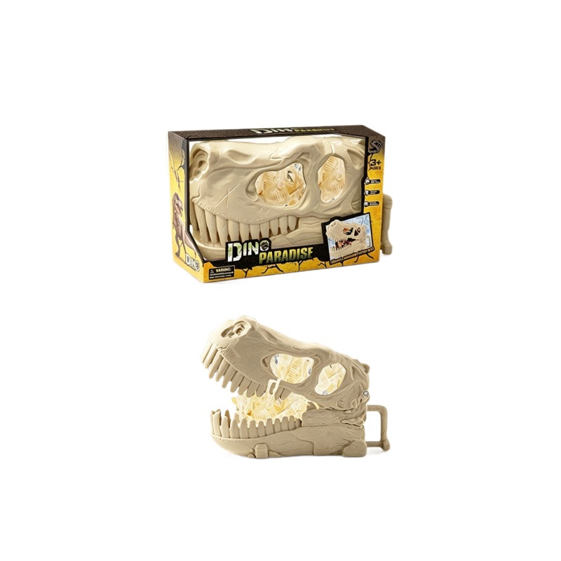 Caja de almacenamiento con forma de cabeza de dinosaurio esqueleto, juego de escenas de dinosaurios con dibujos, kit de ensamblaje al por mayor.