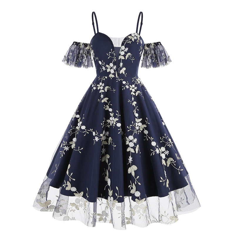 Amazon European and American cross-border V-neck Sling short sleeve heavy embroidery dress 50s retro dress 8237 New