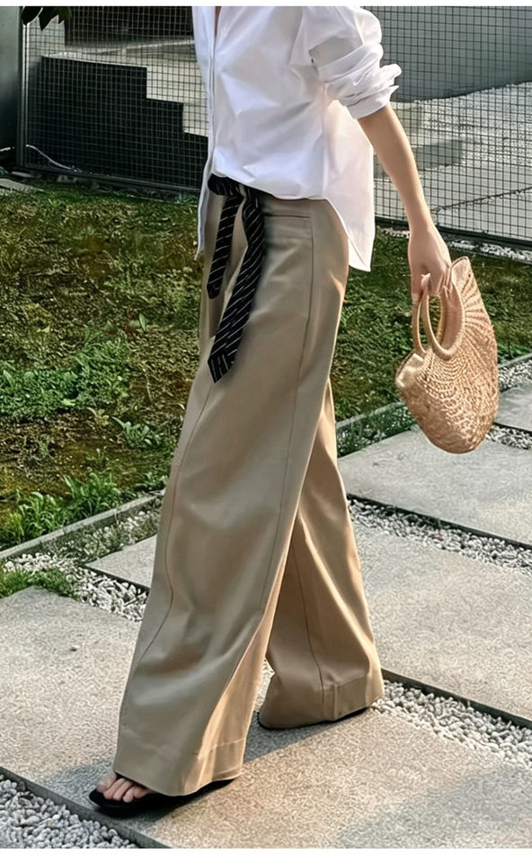 Quần tây nữ ống đứng dáng rộng cạp cao, phong cách tối giản, vải rủ nhẹ — Màu kaki sương mù chi tiết 9