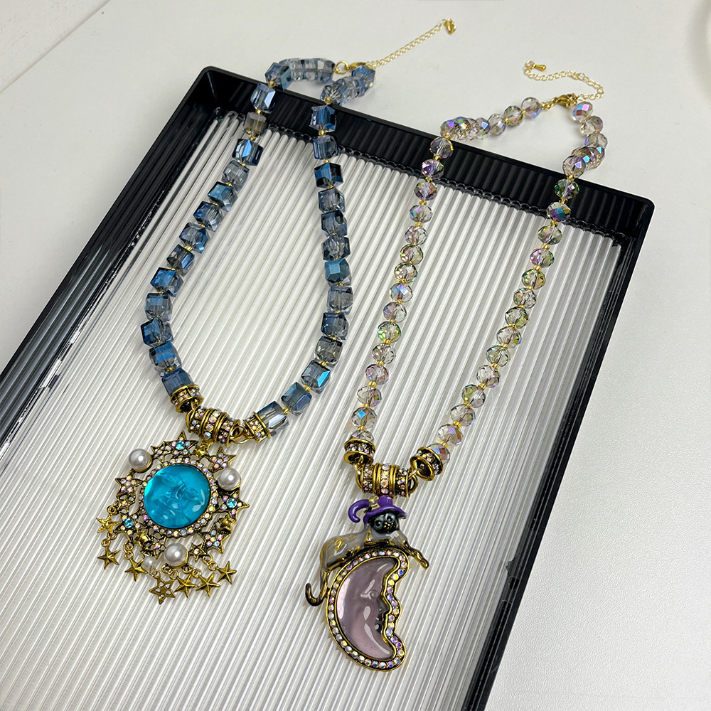 Holiday, Party Occasion Artificial Crystal, Alloy Material Exaggerated Streetwear Sun Moon Artificial Crystal Alloy Beaded Chain Pendant Necklaces Wholesale