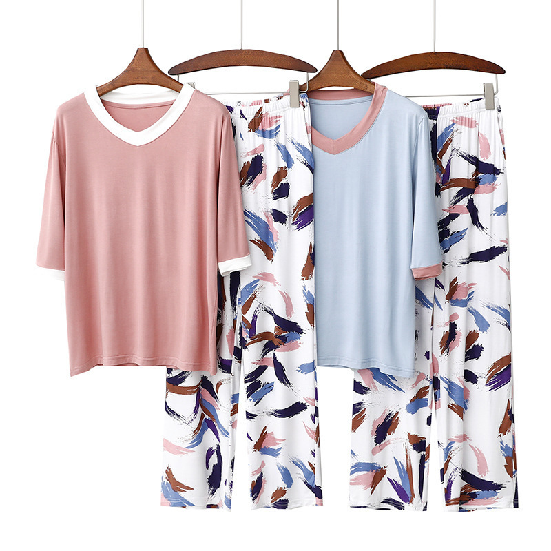 Modal Thin Pajamas Set Women's Loose Casual Home Wear V-Neck Short-Sleeved Top Floral Wide-Leg Pants