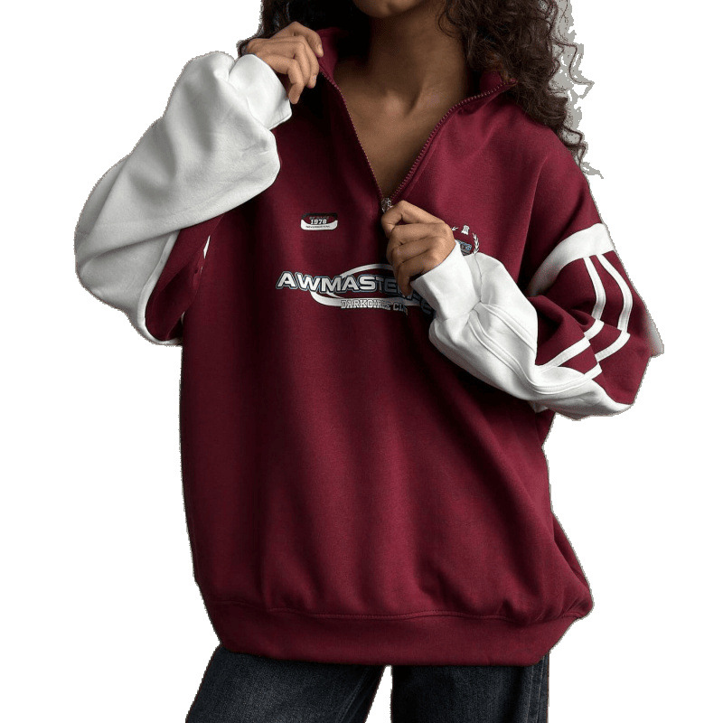 Felpa con stampa patchwork a righe laterali, stile street style, con mezza zip e lettere color block in stile americano_voghion.com