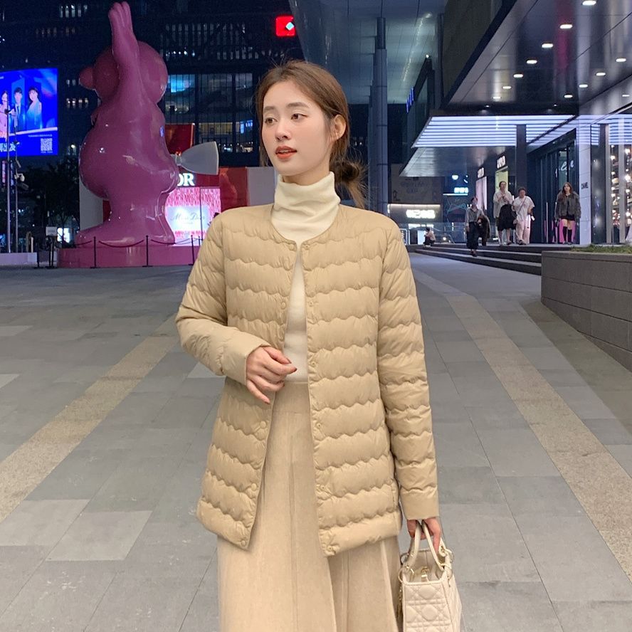 Lightweight down Jacket Women's Mid-Length Liner Autumn and Winter Collarless New White Duck down Fashionable Round Neck Warm Lightweight Jacket