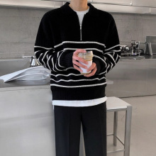 翻领长袖毛衣男秋季韩版宽松复古休闲半拉链polo条纹针织衫上衣潮