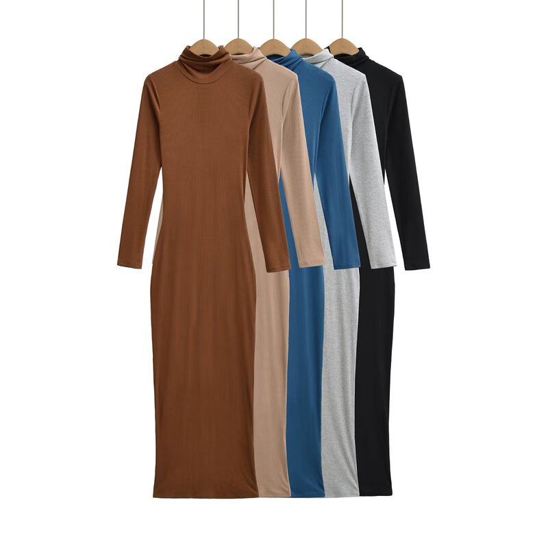 Tall Women's Autumn and Winter High-Neck Ultra-Long Floor-Length Tight-Fitting Dress with Long Sleeves, Slim Fit, Knit, and Open Back