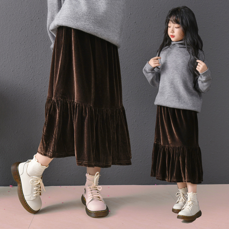 Falda de terciopelo negro café para niñas de dos colores otoño e invierno Nueva falda de estilo occidental para niños