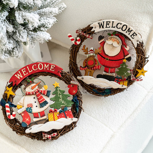 American Retro Christmas Welcome Door Plate Door Hanging Wooden Old Man Snowman Decoration Christmas Rattan Ring Wall Hanging