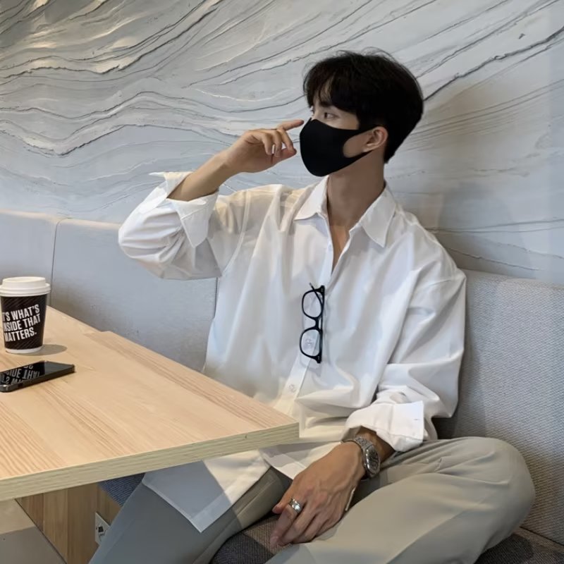 Camisa de manga larga estilo coreano drapeado camisa suelta de alta gama