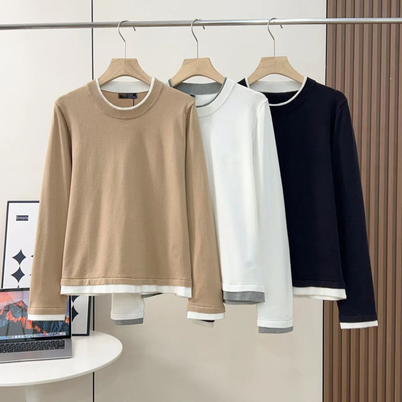 25 Hjhjs Three-Color Fake Two-Piece Work Clothing Fashionable Versatile Warm Fleece-Lined Bottoming Shirt with Knitted Knitwear for Women