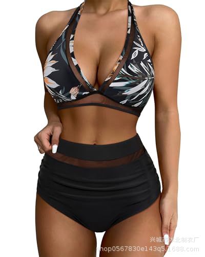 Set de Bikini de Talle Alto con Malla Set de 2 Piezas de Nylon Alta Elasticidad con Almohadilla sin Aros para Natación