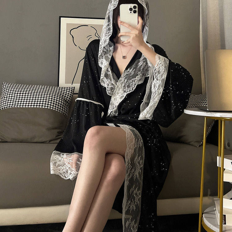 Plus-Size Pajamas, Spring and Autumn Thin Style Morning Robe, Home Wear, Long-Sleeved Mid-Length Style, 150kg Sexy Pure Desire Lace Bathrobe
