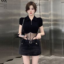 【跨境批发】性感短袖T恤夏季设计感网纱拼接修身连体短款上衣