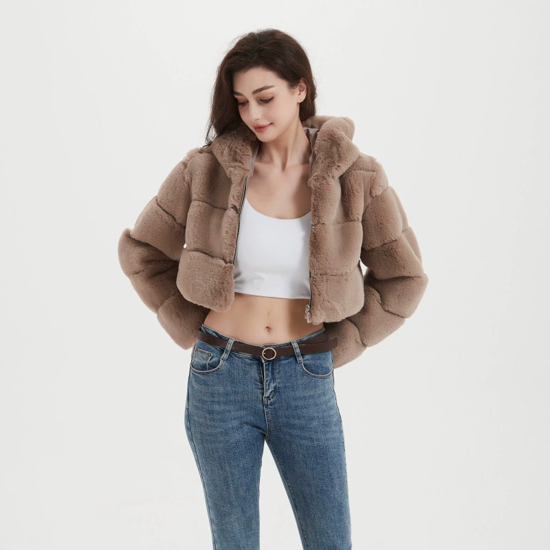 Зимняя куртка из искусственного меха Amazon AliExpress 2025, женская, короткая, европейско-американский стиль, с капюшоном из меха кролика рекс