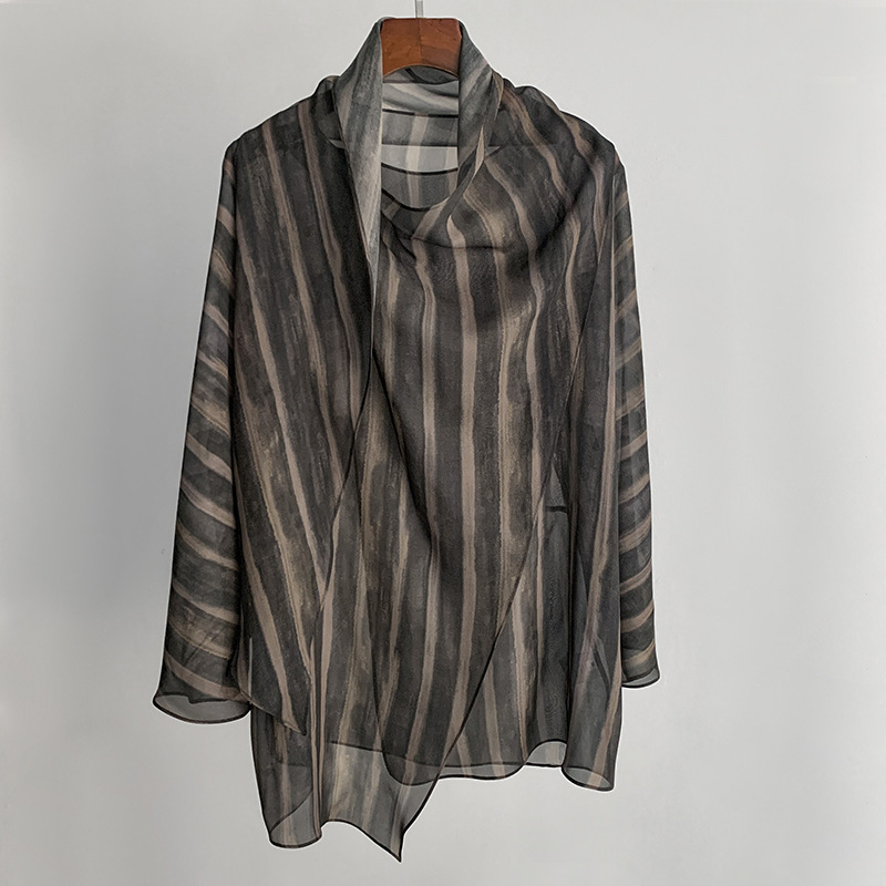 Slightly Sheer Style! Designer Scarf-Collar Silk Shirt with Vertical Stripes, Simple Gray Tones, and Flowing Wide Sleeves
