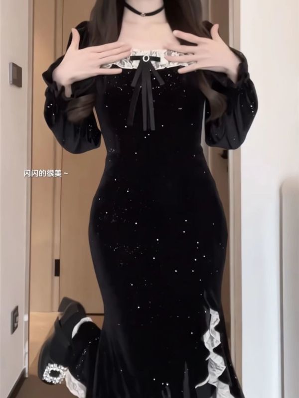 美人鱼中长裙女秋冬显瘦亮闪开叉鱼尾摆不规则修身显瘦丝绒连衣裙|undefined