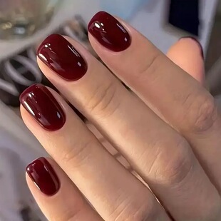 Solid Color Short wine red Small Square Cherry Red Square Dressing Armor Waterproof 24 Dark Red Fake Nail Pieces